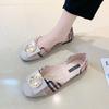 Spring and Summer Square Head Flat Plaid Cloth Low Heel Retro Hong Kong Style Grandma Shoes Metal Buckle Single Shoes Women's Flat Shoes