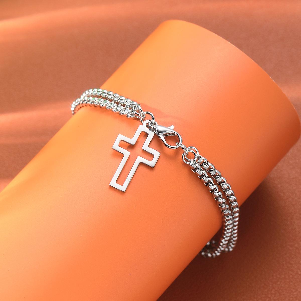 

Men s Fashion Hollow Cross Wrist Bracelet Vintage Simple Stainless Steel Double Chain Bracelet Hip Hop Punk Party Jewelry Gifts