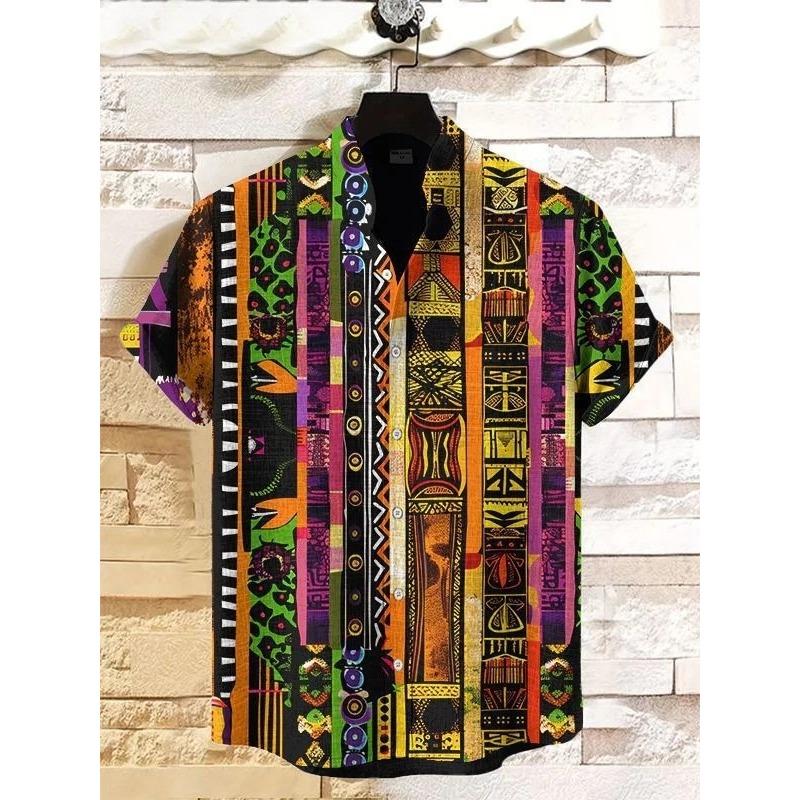 2026 Vintage African Style Men's Retro Ethnic Tribal Short Sleeve Shirts Tops Fashion Casual Streetwear Men's Shirts