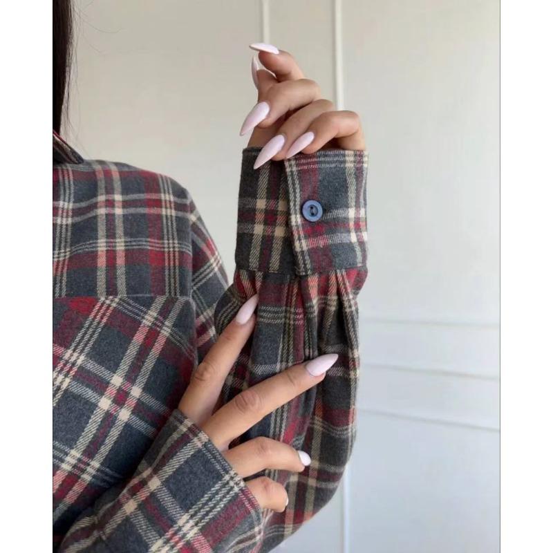 Frühling und Herbst Neues Karomusterhemd Damen Retro Revers Locker Langärmlig Poliertes Damenhemd