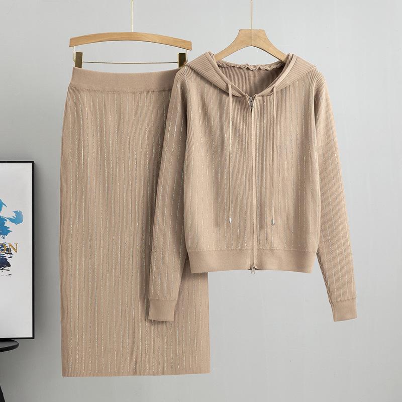 Women's Rhinestone Knit Hooded Cardigan & Skirt Set - Autumn/Winter Fragrance Style