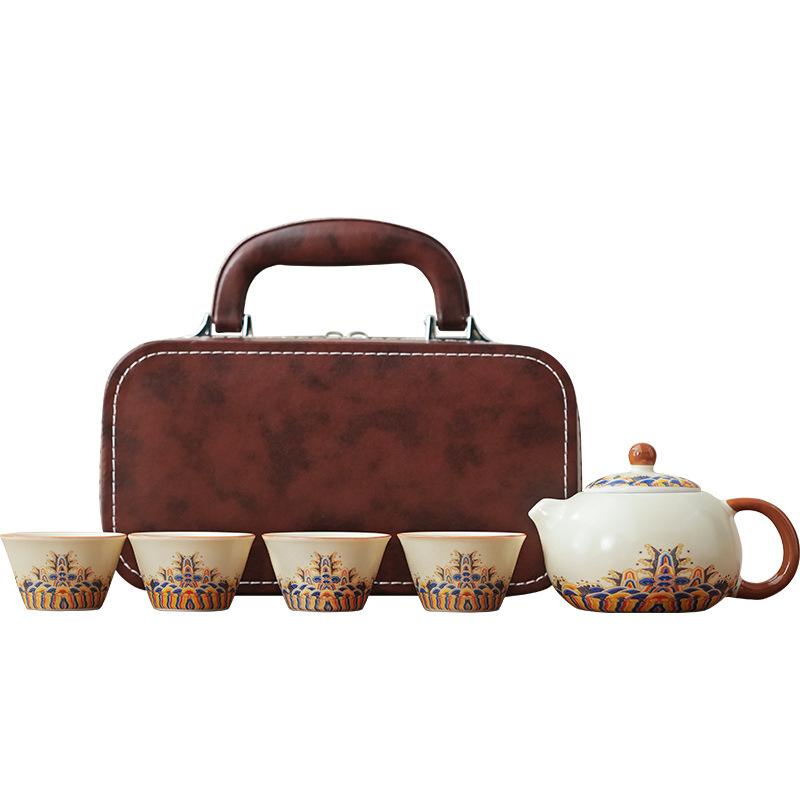 Tea set Ru kiln portable travel car wave kung fu teapot small set light luxury leather bag gift box