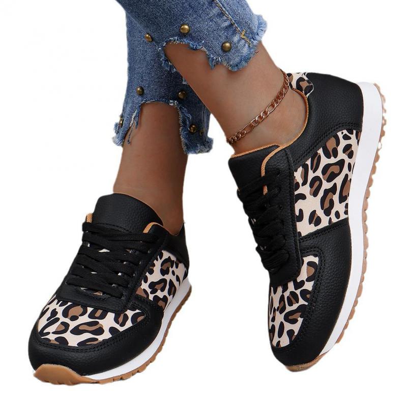 Fashion Leopard Print Women Casual Shoes Autumn Leather Ladies Sports Shoes Lace-up Slip On Fashion 2024 Casual Outdoors Walking Shoes