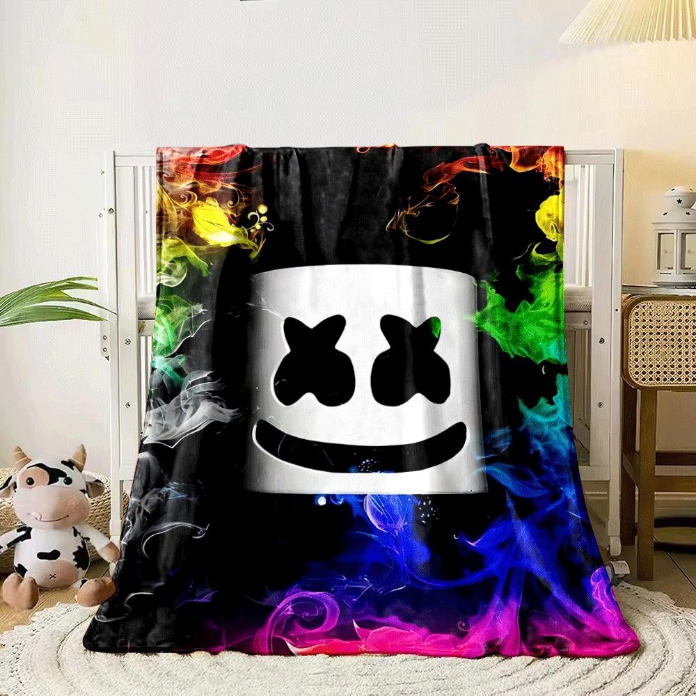 A white smiling face helmet surrounded by colorful swirling smoke patterns. for all seasons blanket lunch break throw gift 80cm x 120cm