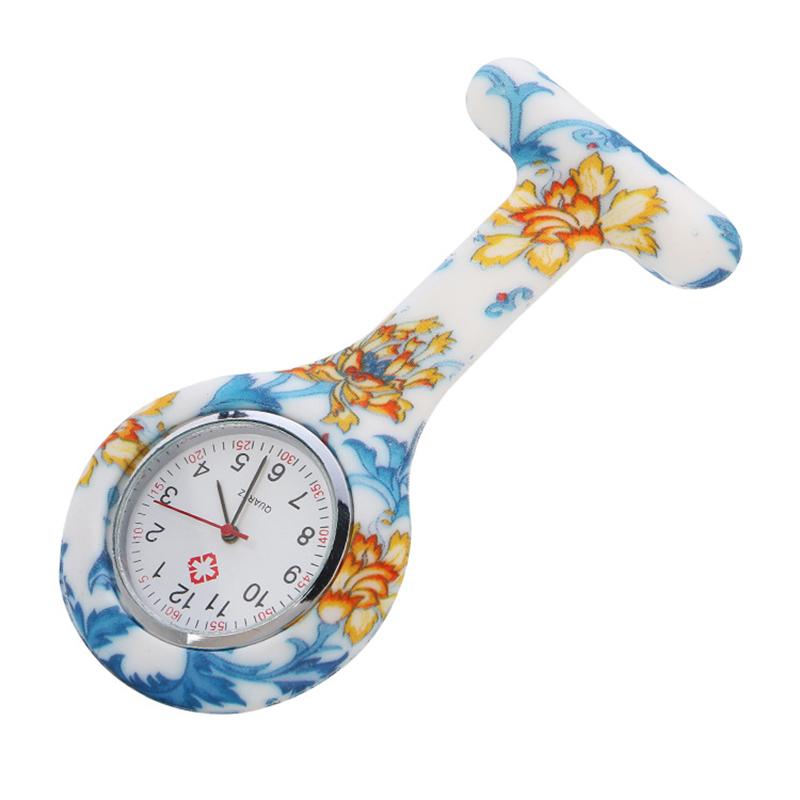 Unisex Silikon Runde Krankenschwesteruhr Clip-on Anhänger Brosche Reversuhr mit Blumenmuster Abdeckung