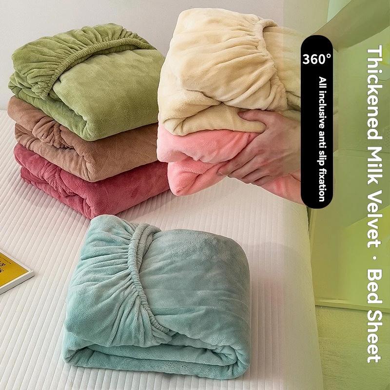 Yumuşak Sıcak Peluş Fitted Sheet Elastik Yatak Örtüsü Kabarık Mercan Polar Yatak Örtüsü Kış Çift Lüks Çift Kişilik Yatak Örtüsü