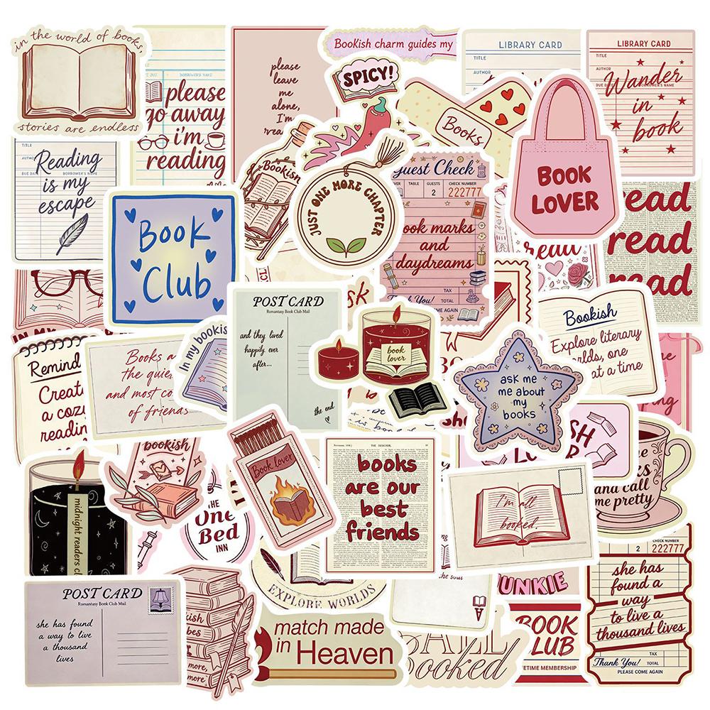 10/30/50pcs Retro Pink Bookish Aesthetic Stickers Cartoon Creative Decals Scrapbook Phone Suitcase Diary Graffiti Sticker Decor