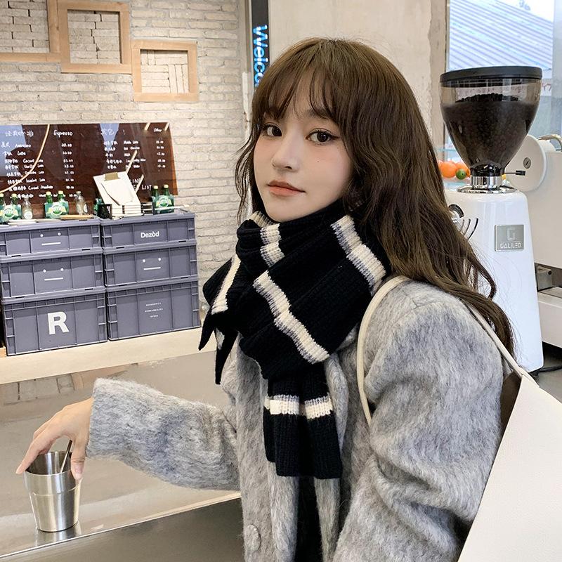 

Шерстяной шарф соответствующего цвета осенью и зимой, женский универсальный утолщенный теплый вязаный шарф в полоску для влюбленных, студенческая шаль ONE SIZE