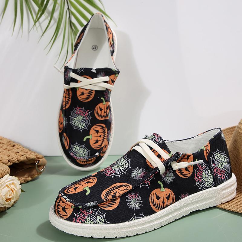 Fashion Women's Pumpkin Print Flat Loafers Lightweight Comfortable Lace Up Canvas Shoes Woman Halloween Style Soft Non Slip Casual Shoes