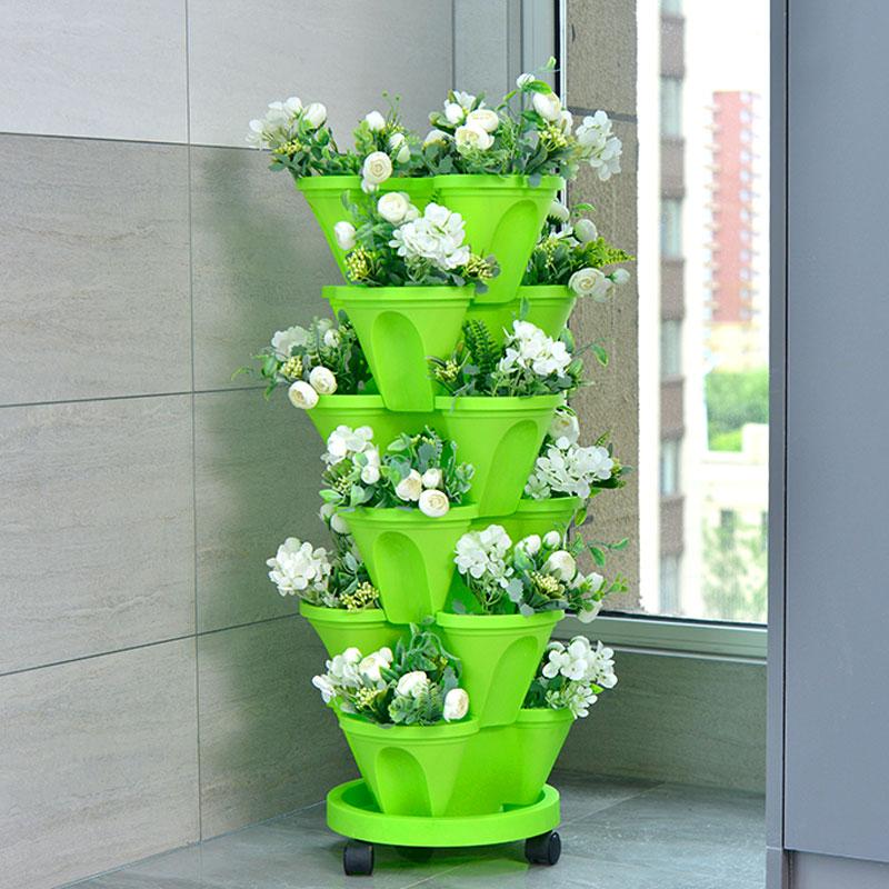 Three Dimensional Multi-layer Flowerpot with Roller Family Balcony Vegetable Fruit Growing Plastics Flower Shaped Flowerpot