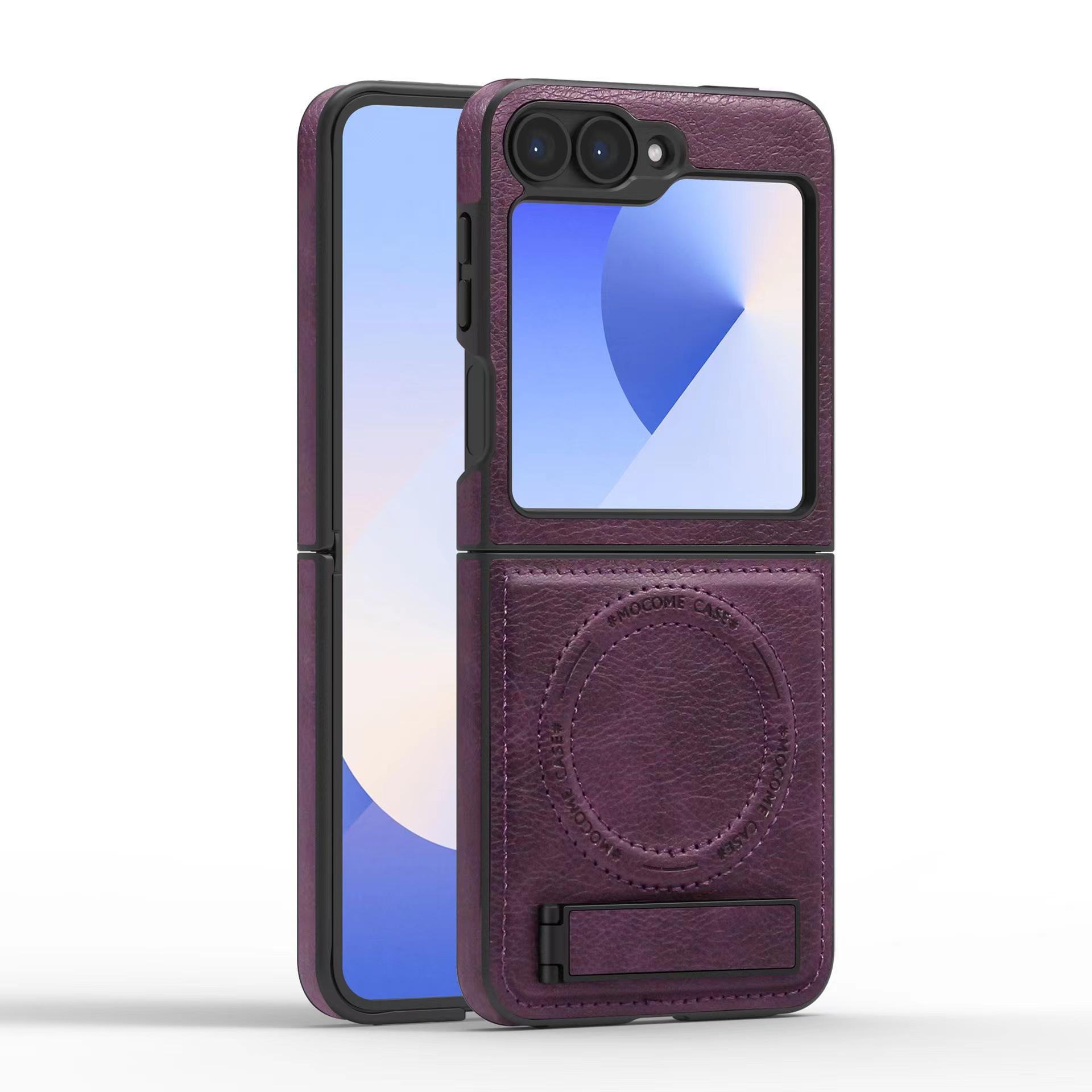 Samsung Z Flip7 Leather Texture Case with Magnetic Stand, Drop-Proof for Z Flip6 and Z Flip7 FE Z Flip5