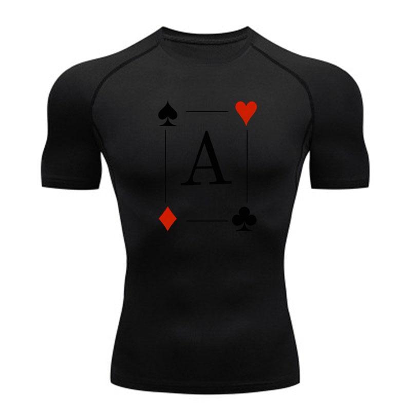 Men's Compression Athletic Workout T-Shirt, Playing Card Ace Pattern Quick Dry Breathable Sport Top for Gym Running Training Fitness Activewear