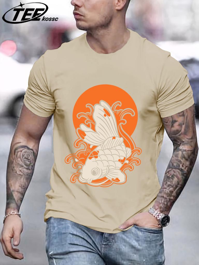 Japanese Harajuku Sunset Koi Men T Shirts Casual Hip Hop Tops Multicolor Cotton TShirt Summer Loose Male Crewneck Short Sleeve