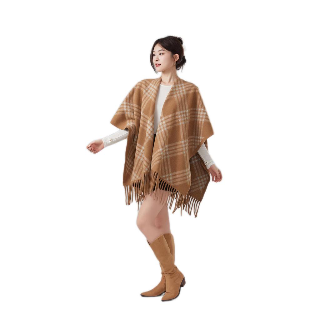 2025 Plaid Shawl Women's Autumn/Winter Travel Cape - Tassel Office Outerwear, Loose & Warm