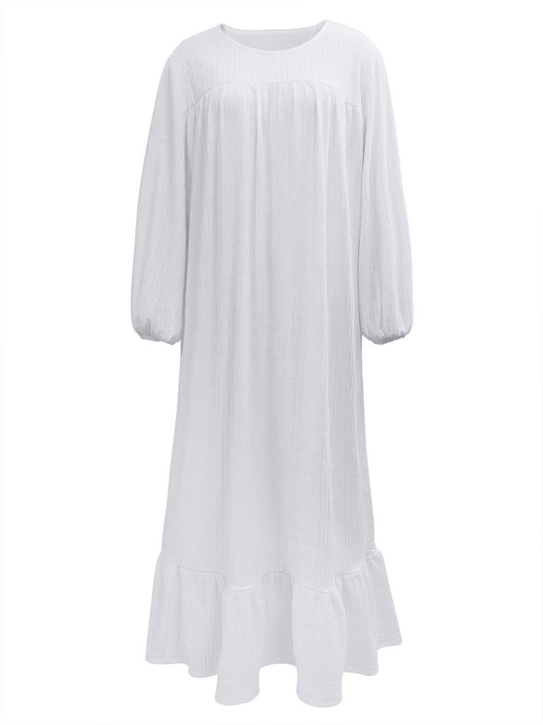 2024 Women's Long-Sleeve Vintage Ruffle Hem Dress - Spring/Autumn Fashion