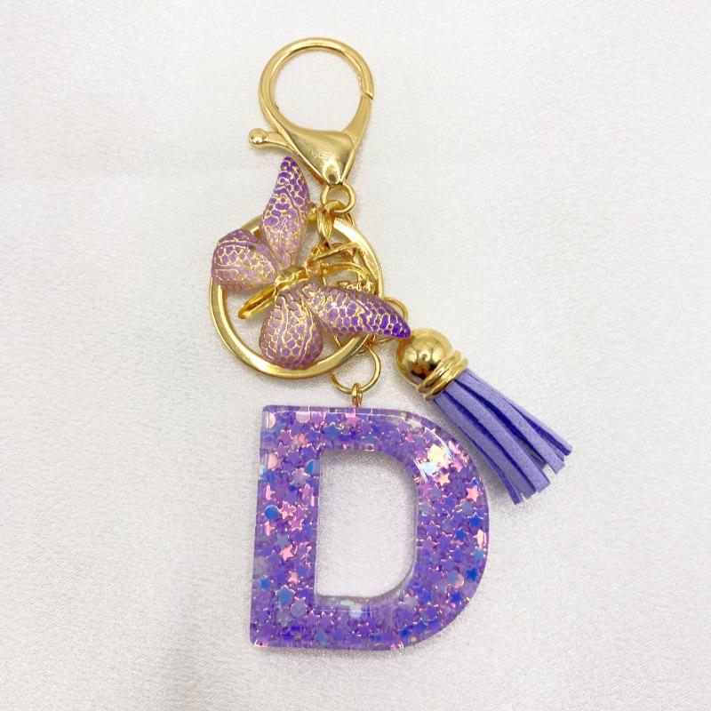 26-Letter Alphabet Resin Keychain with Star Sequins & Tassel Charm