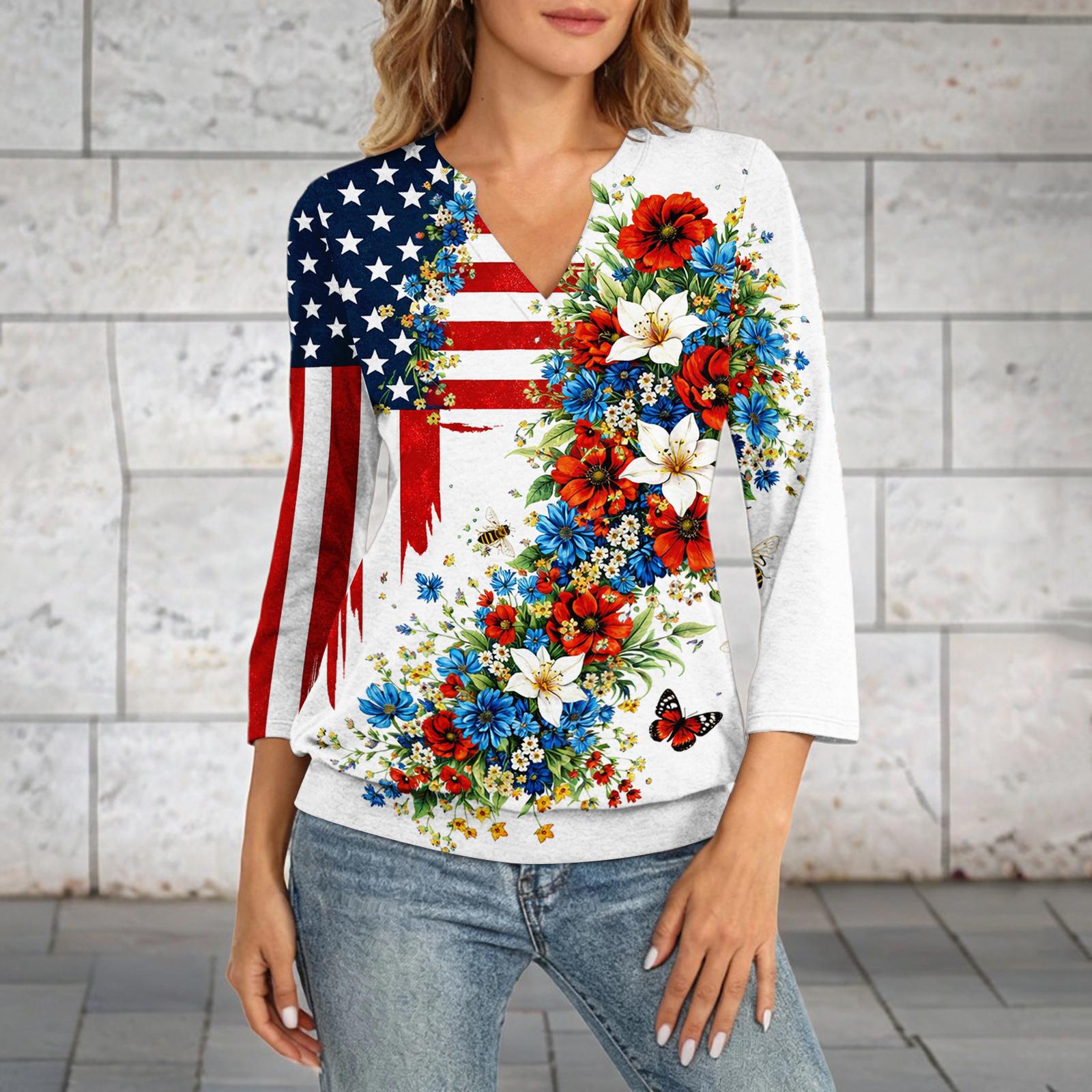 

Women s 3/4 Sleeve Neck Hem V-Neck Summer Casual Base Top Independence Day Printed Top XL білий