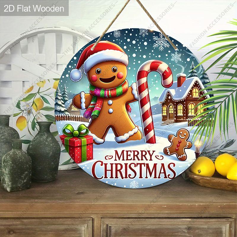 Merry Christmas Gingerbread Man Round Wooden Hanging Sign, 2D Flat Printed Christmas Door Wall Ornament, Winter Xmas Home Decor Gift