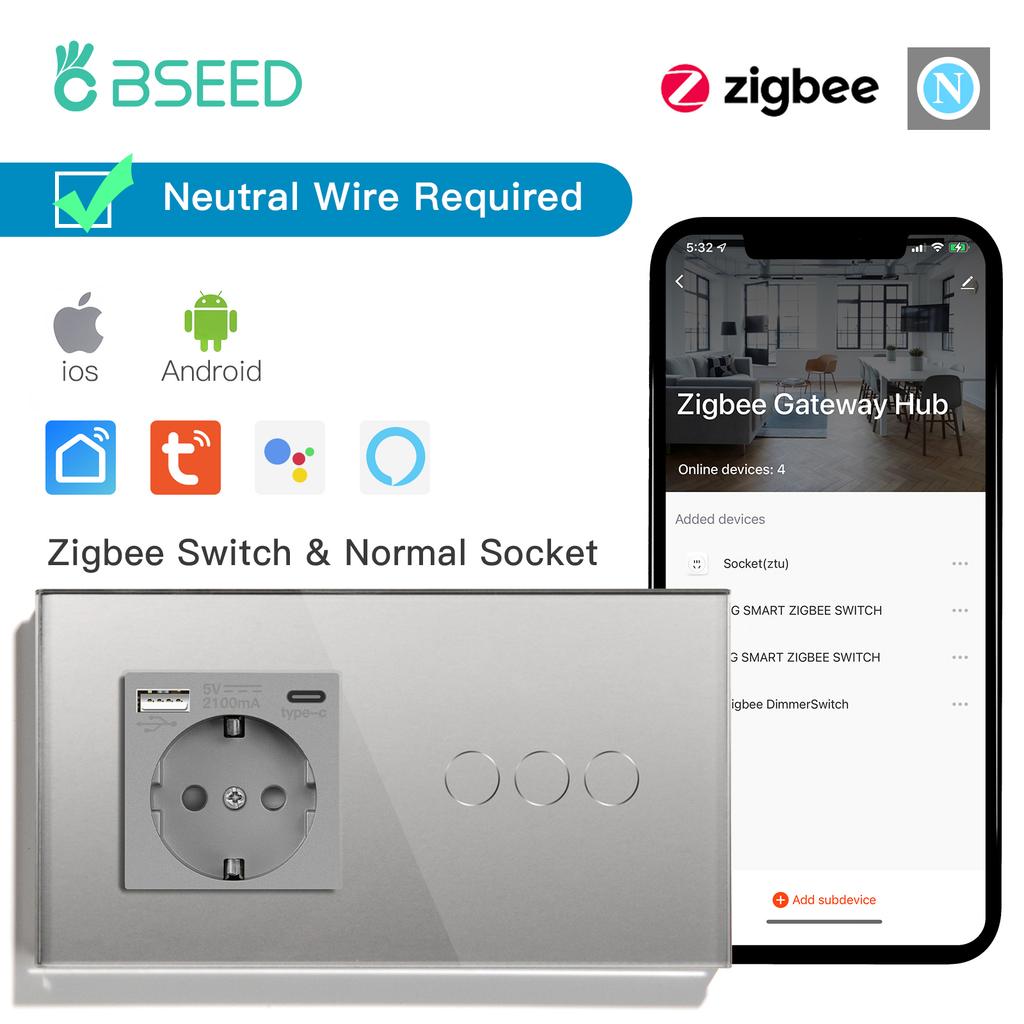 BSEED Zigbee Smart Light Switches 1/2/3 Gang Alexa Tuya Smart Life Compatible Plus Wall Socket With USB Type-C Ports EU Standard