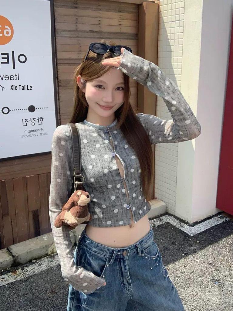 Spicy Girl Grey Polka Dot Long Sleeve Cropped T-Shirt for Women - Autumn Korean Style, Chic & Slimming