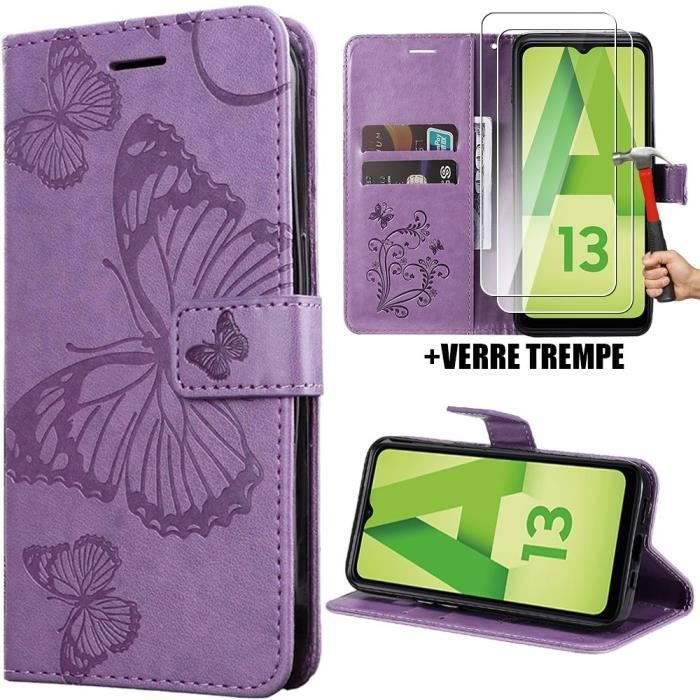 Coque de protection pour Samsung Galaxy A13 5G - BOOLING - Effet cuir - Violet - Papillon