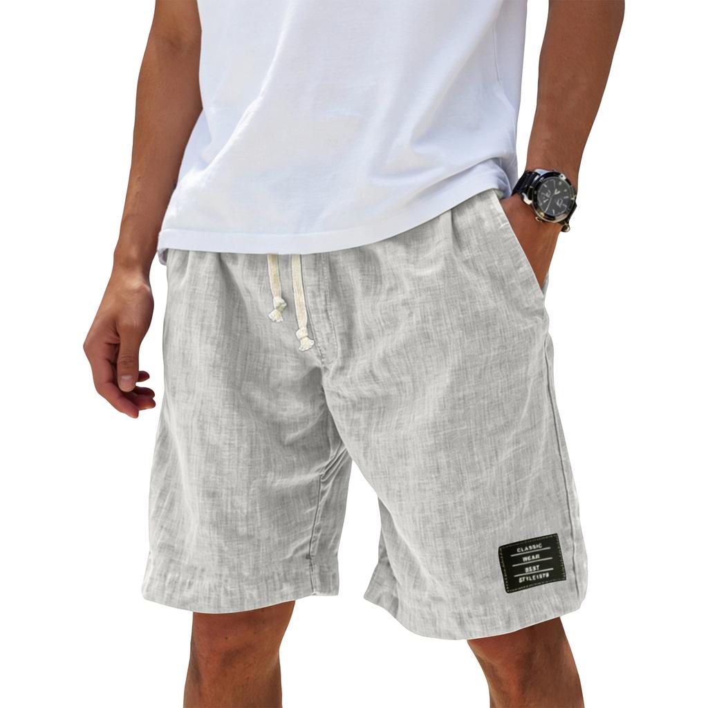 Men Drawstring Waist Casual Shorts Relaxed Fit Lightweight Breathable Fabric Summer Style with Patch