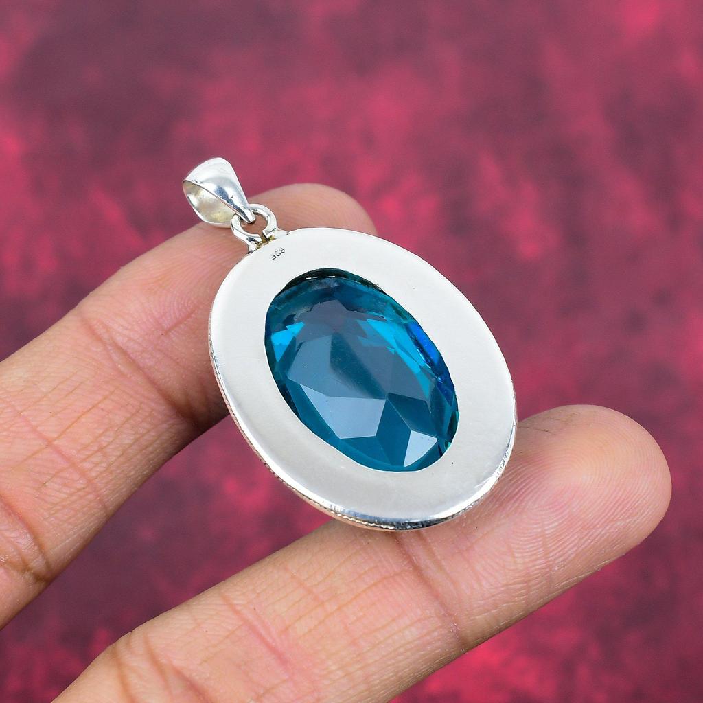 Blue Topaz Pendant, 925 Solid Sterling Silver Gemstone Jewelry, Handmade Pendant, For Thanksgiving