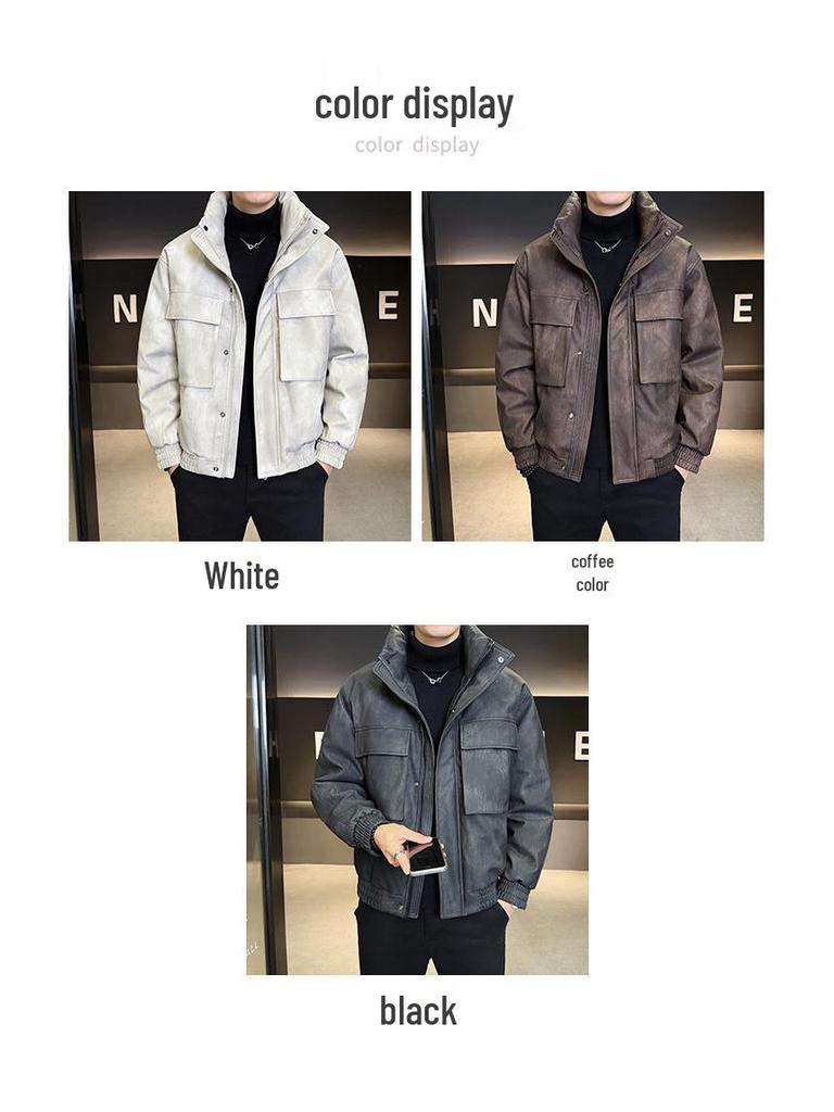 Men's 2025 Lightweight Leather Down Jacket: Stylish Short Winter Coat with Thick Stand Collar for Youth.