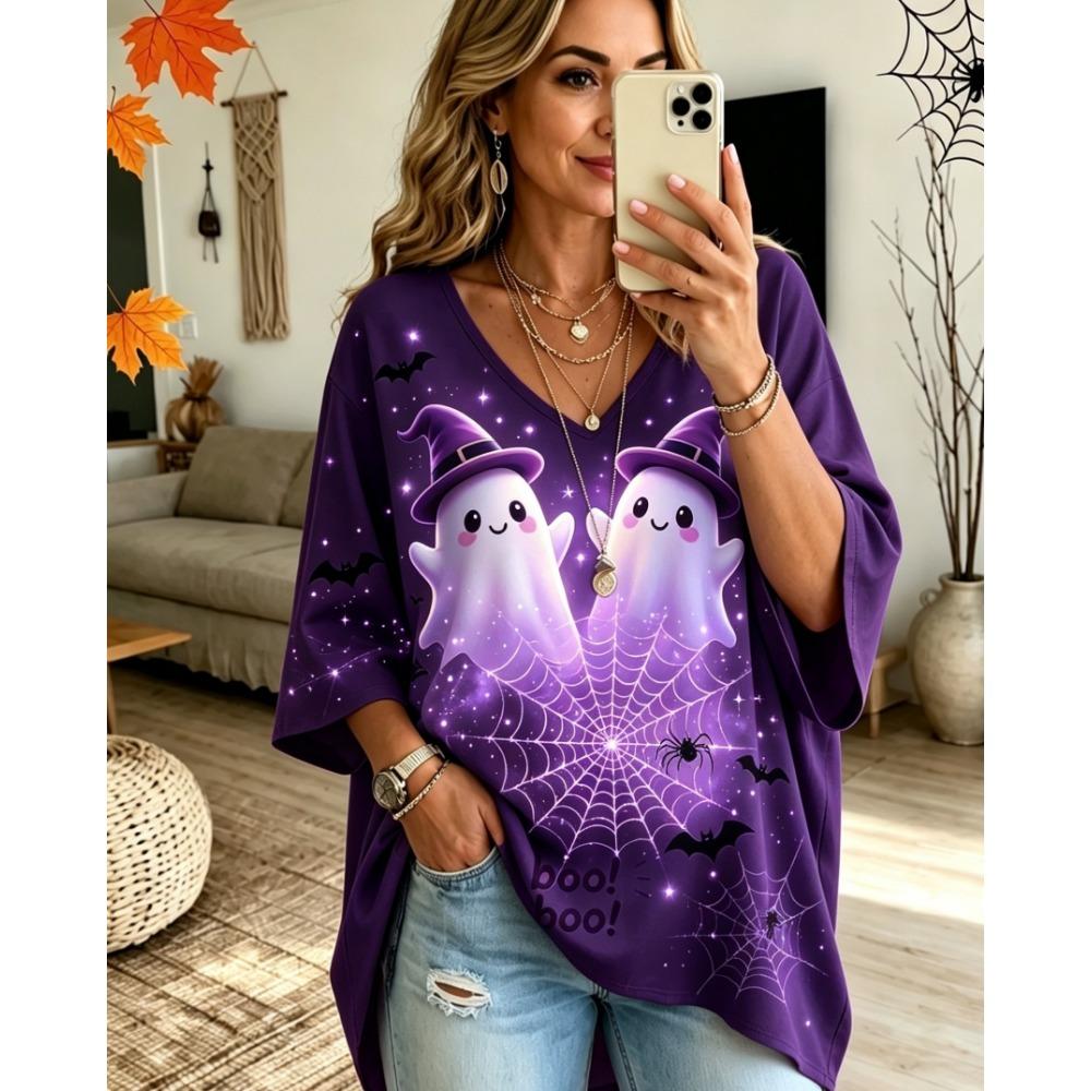 Halloween Printed T-shirt, Pumpkin Lantern Ghost T-shirt, Plus Size Women's V-neck Bat Sleeve Seven Quarter Sleeve Casual Top