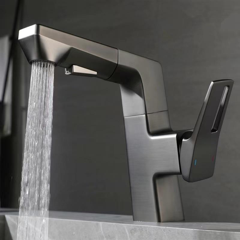Bathroom Pull-out Basin Faucet 360 Rotation Single Hole Single Handle Hot And Cold Mixed Water Faucet Grey Sink Tap