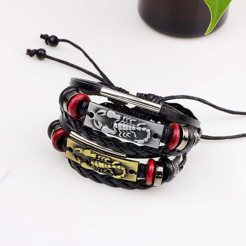 JMXD Genuine Leather Scorpion Charm Braided Wax Cord Adjustable Stretch Bracelet Punk Fashion Accessory Unisex Gift