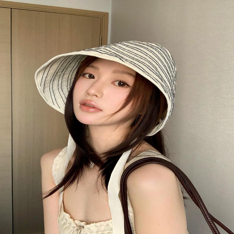 Ribbon Women Striped Fisherman Hat Wide Brim Foldable Summer Sun Hat Sun Protection Solid Color Sunshade Hat