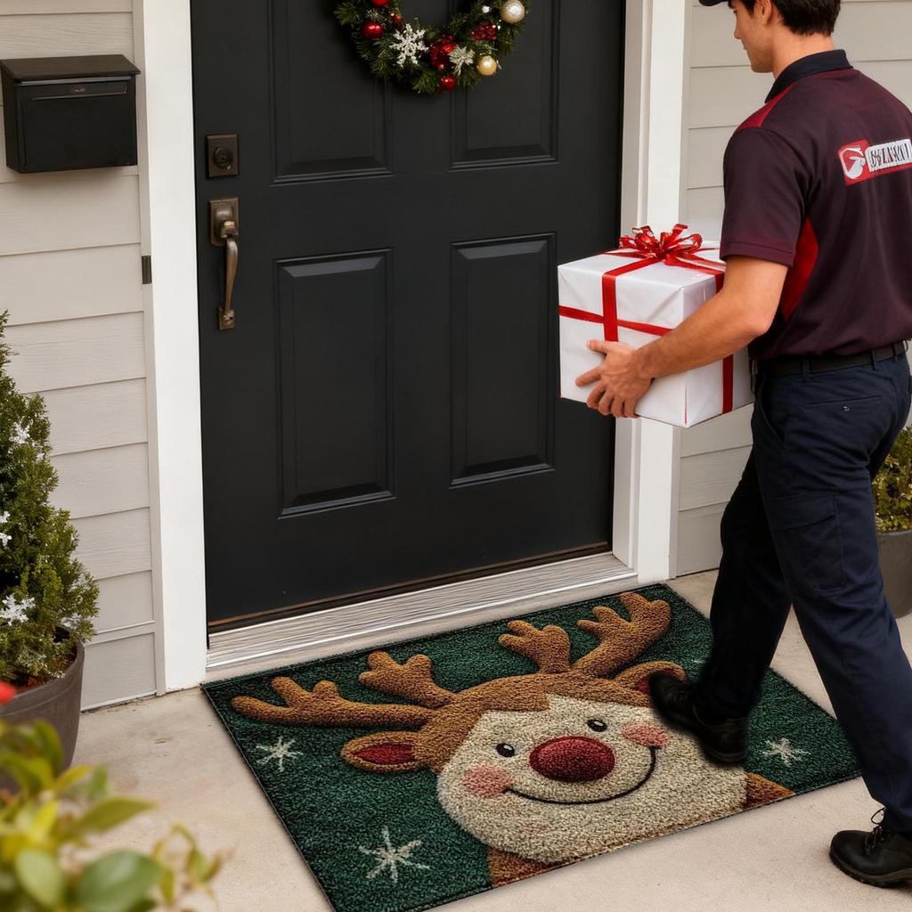Christmas Door Mat Non-Slip Absorbent Reindeer Rug 23.6x15.7 Inch Washable Christmas Kitchen Mat for Holiday Porch Entryway