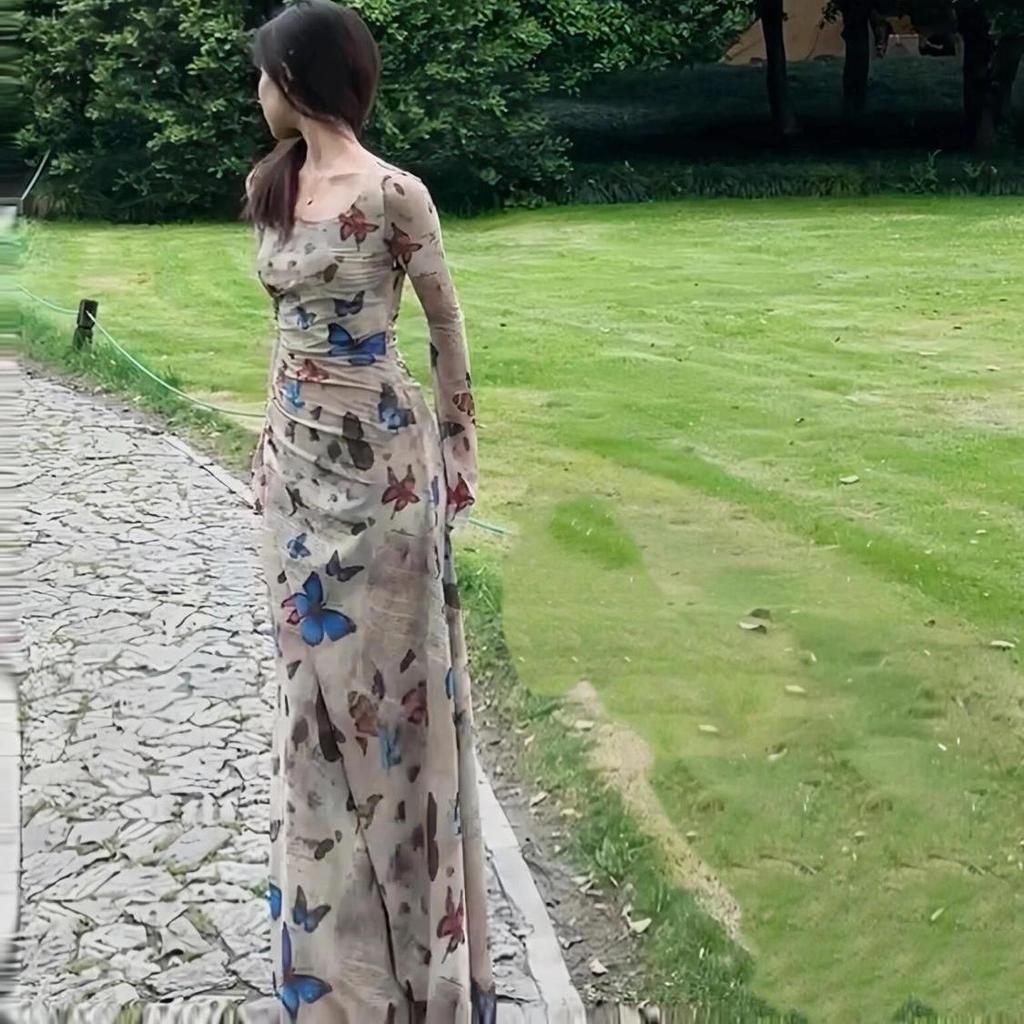 Yunnan Dali Travel Wear Long Sleeve Retro Butterfly Print Elastic Threaded Long Dress Irregular Dress Autumn