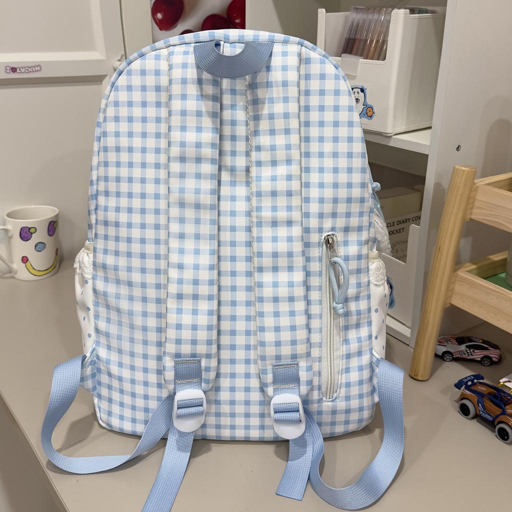 Schoolbag summer fresh blue and white grid small polka dot backpack soft cute puppy embroidery sweet age-reducing student party travel small backpack