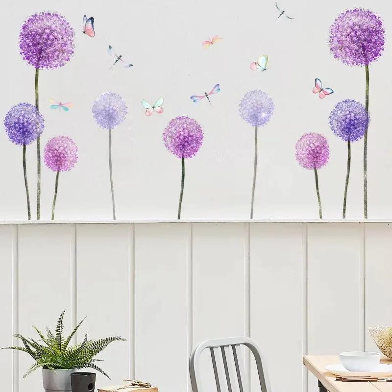 Purple Dandelion Butterfly Pattern Wall Stickers Home Decoration Stickers Accessories for Living Room Sofa Bedroom Background