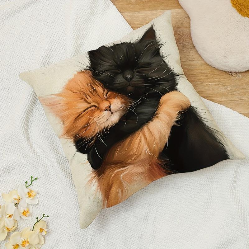 1Pc Cats Hugging Sleeping Printed Throw Pillow Cover, Suitable For Sofa,Bedroom,Living Room, Easily Create A Healing Atmosphere