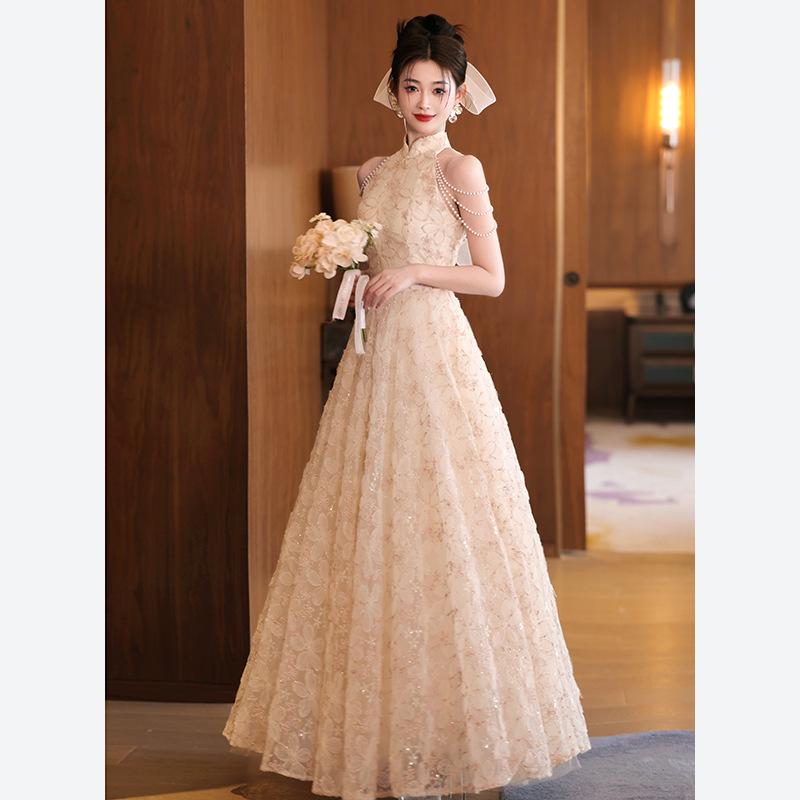 Neck engagement evening dress female host annual meeting light luxury niche high-end adult ceremony toasting dress bride princess dress