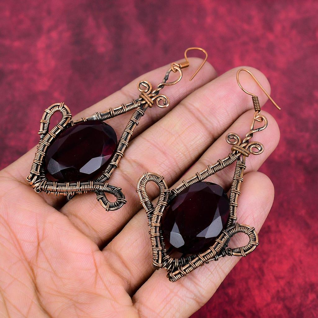 Faceted mozambique garnet earring copper wire wrapped earring handmade gemstone earrings copper jewelry healing stone earring gifts for her