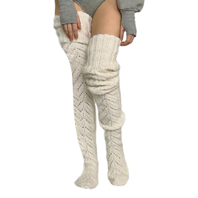 Damen Winter Beinwärmer Ausgestanzt Gestricktes Muster Oberschenkelhohe Stiefelsocken Einfarbige Über dem Knie Lange Strümpfe