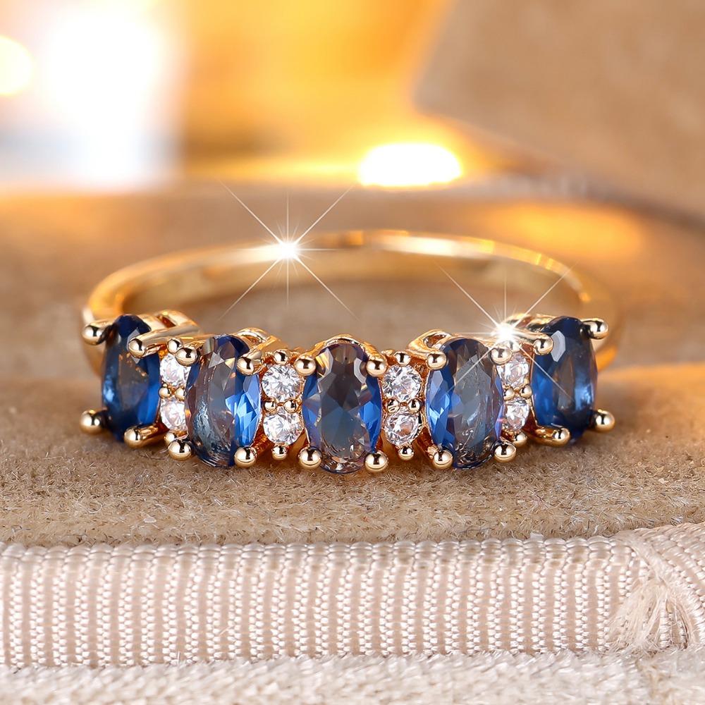 

Изысканные овальные кольца с синим цирконом для женщин, роскошные золотистые, для свадебной вечеринки, ювелирный подарок 9 золотой/синий
