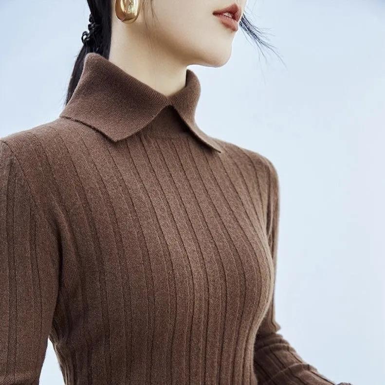 Polo Collar Women's Knitted Sweater Long Sleeve Slim Fit Pullovers for Women Autumn Winter Sweaters Soft Warm Bottoming Tops