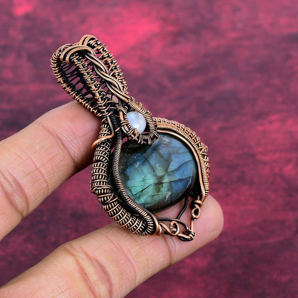 Labradorite Gemstone Pendant Copper Wire Wrap Jewelry Rainbow Moonstone Pendant