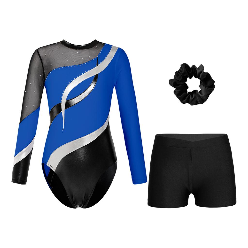 Girls Gymnastics Outfit Long Sleeve Rhinestone Leotard Cutout Back Patchwork Design with Waistband Shorts