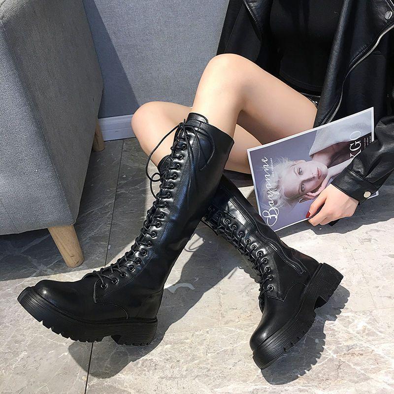 

Женские высокие сапоги 2025 новая британская мода шнуровка толстый каблук ботинки Мартина до колена длинный голенище интернет-знаменитость тонкие сапоги 35 чёрный