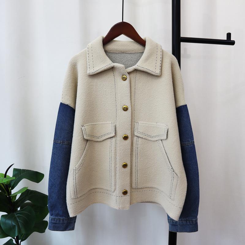 

Джинсовый вязаный двусторонний кардиган в стиле пэчворк, новый дизайн на осень и зиму, темпераментный, свободный свитер-жакет для женщин one size fits all хаки