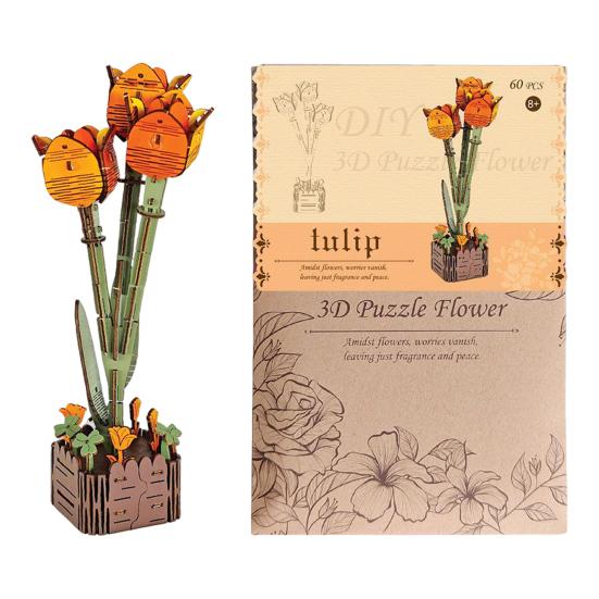 3D Wooden Flower Puzzle Kit for Adults DIY Botanical Bouquet Building Set Wood Sunflower/Rose Floral Craft Kit for Stress Relief Housewarming Gifts