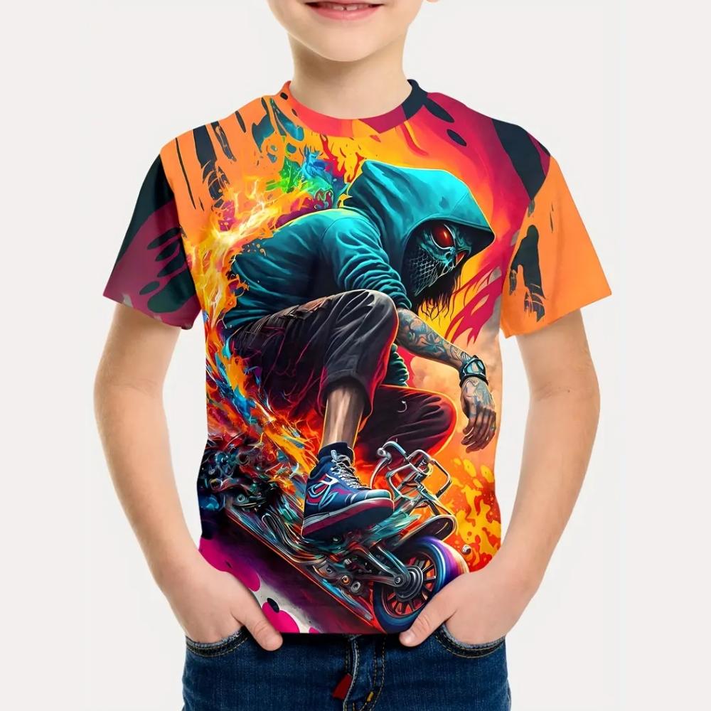 Fun Cartoon Characters 3D Printed Summer Casual and Comfortable Boy Round Neck Short Sleeved T-shirt