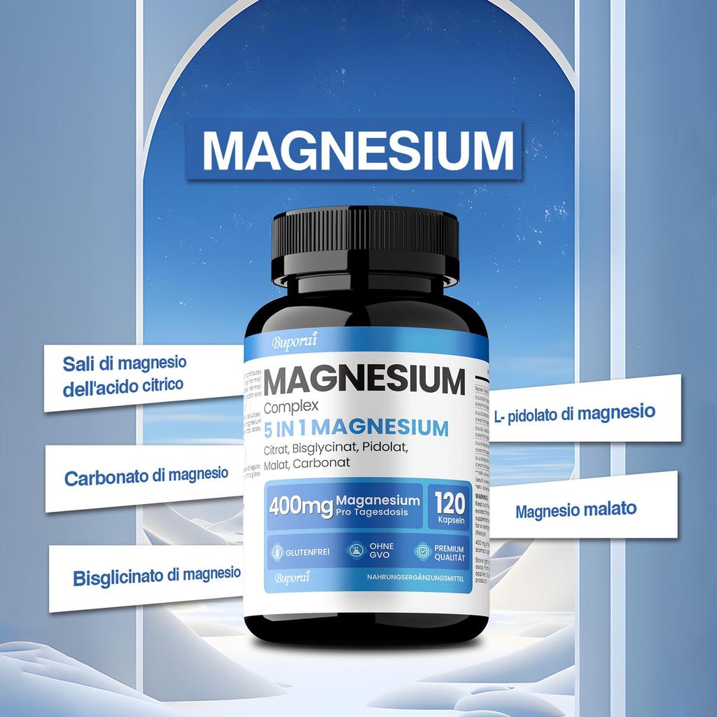 Magnesium 5 In 1 400mg, 5 Sources of Magnesium Glycinate, Citrate, Pidolate, Carbonate,Malate, Premium Quality Supplement Tablets, GMO Free