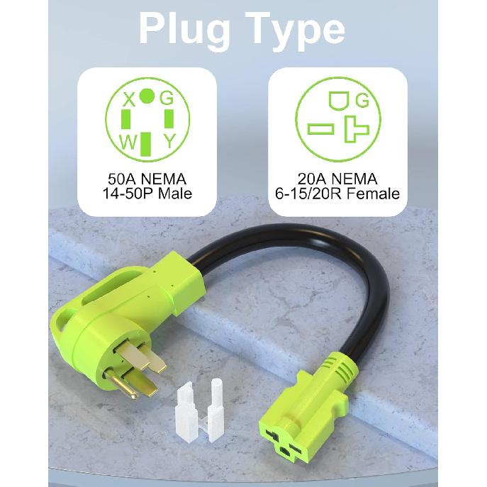 ETL Listed EV Plug Adapter For Tesla Motors/Gen 2, NEMA 14-50P Male To 6-20/15R Female Adapter With Grip Handle, 1.5FT Heavy Duty 50 Amp To 20 Amp
